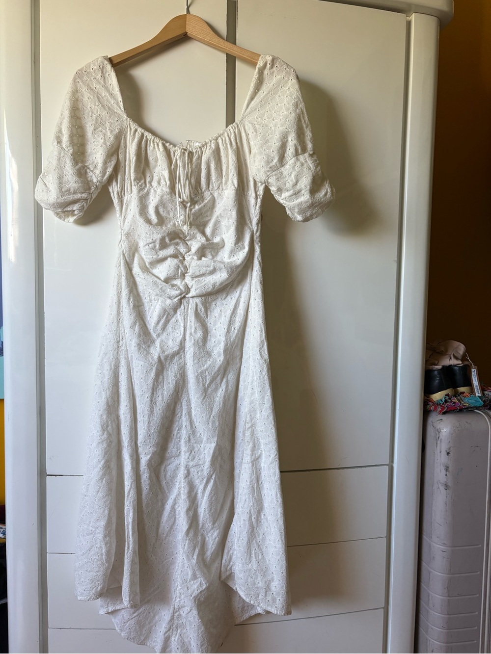 White Eyelet Puff-Sleeve Midi Dress